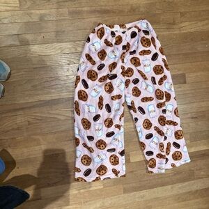 Chocolate chip cookies, milk, and Oreo fuzzy sweat pants